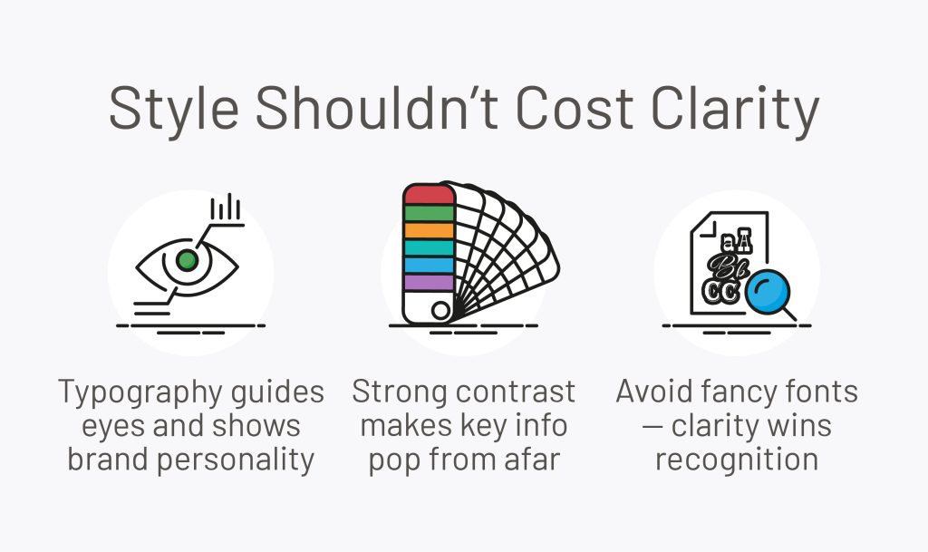 Graphic showing icons of an eye, colour palette, and typography sheet with text explaining how strong contrast, typography, and font choice improve legibility in design.
