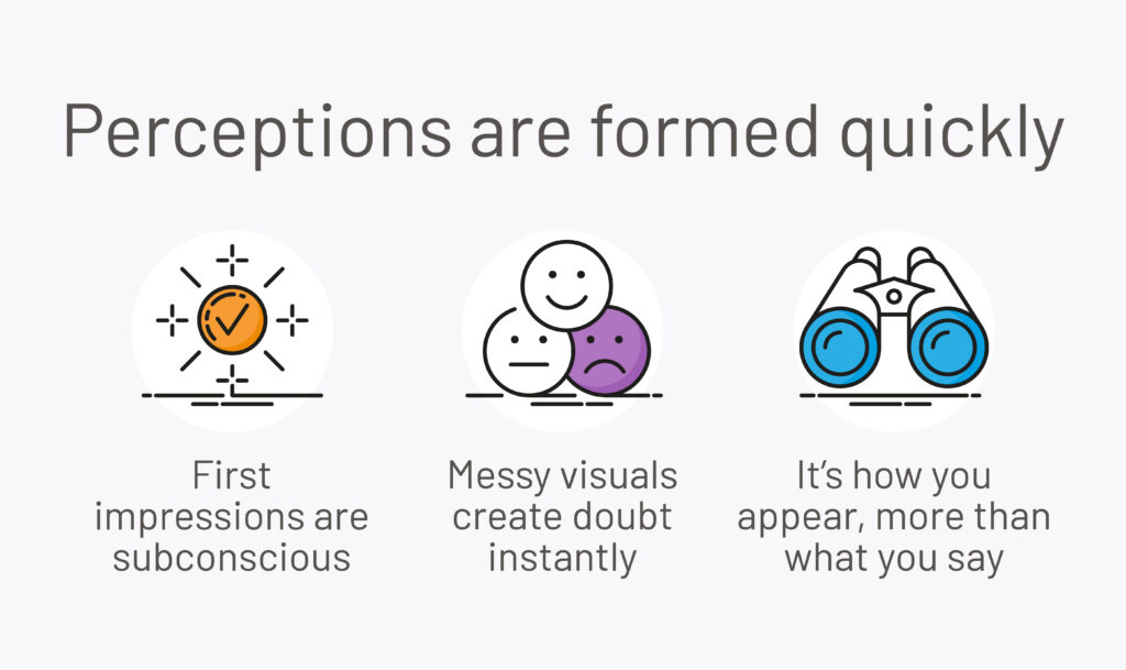Illustration showing how people form quick impressions of brands, highlighting subconscious first impressions, messy visuals creating doubt, and how appearance influences perception.