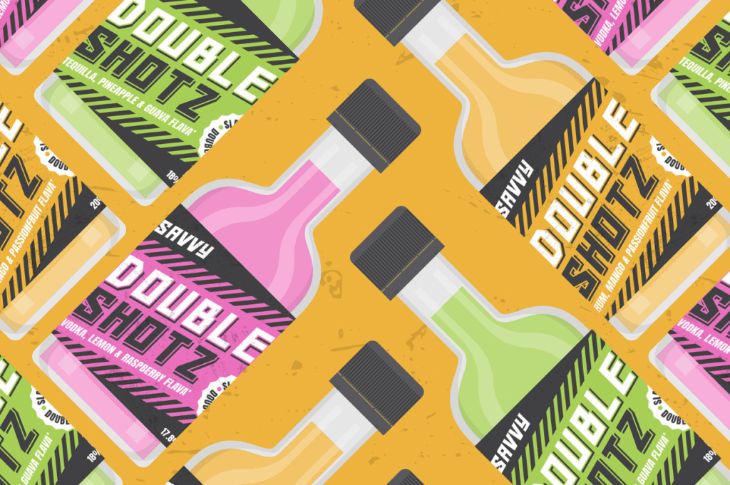 Pattern design featuring the Savvy Shotz ready-to-drink cocktail range, showcasing colourful bottle packaging and branding created by PHd Design for a new retail drinks brand.