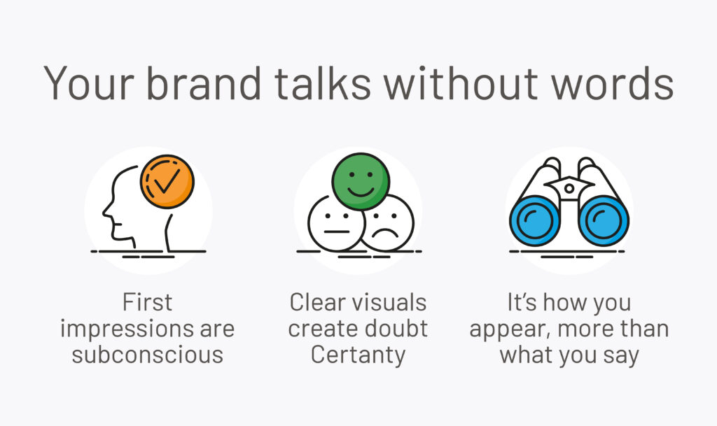 Illustration showing that first impressions are subconscious, unclear visuals create doubt, and how a brand appears often matters more than what it says.