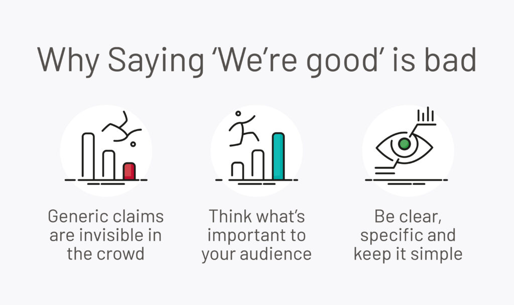 Illustration showing why generic marketing claims fail to differentiate a business, encouraging clear and specific brand positioning that helps customers remember and choose you.
